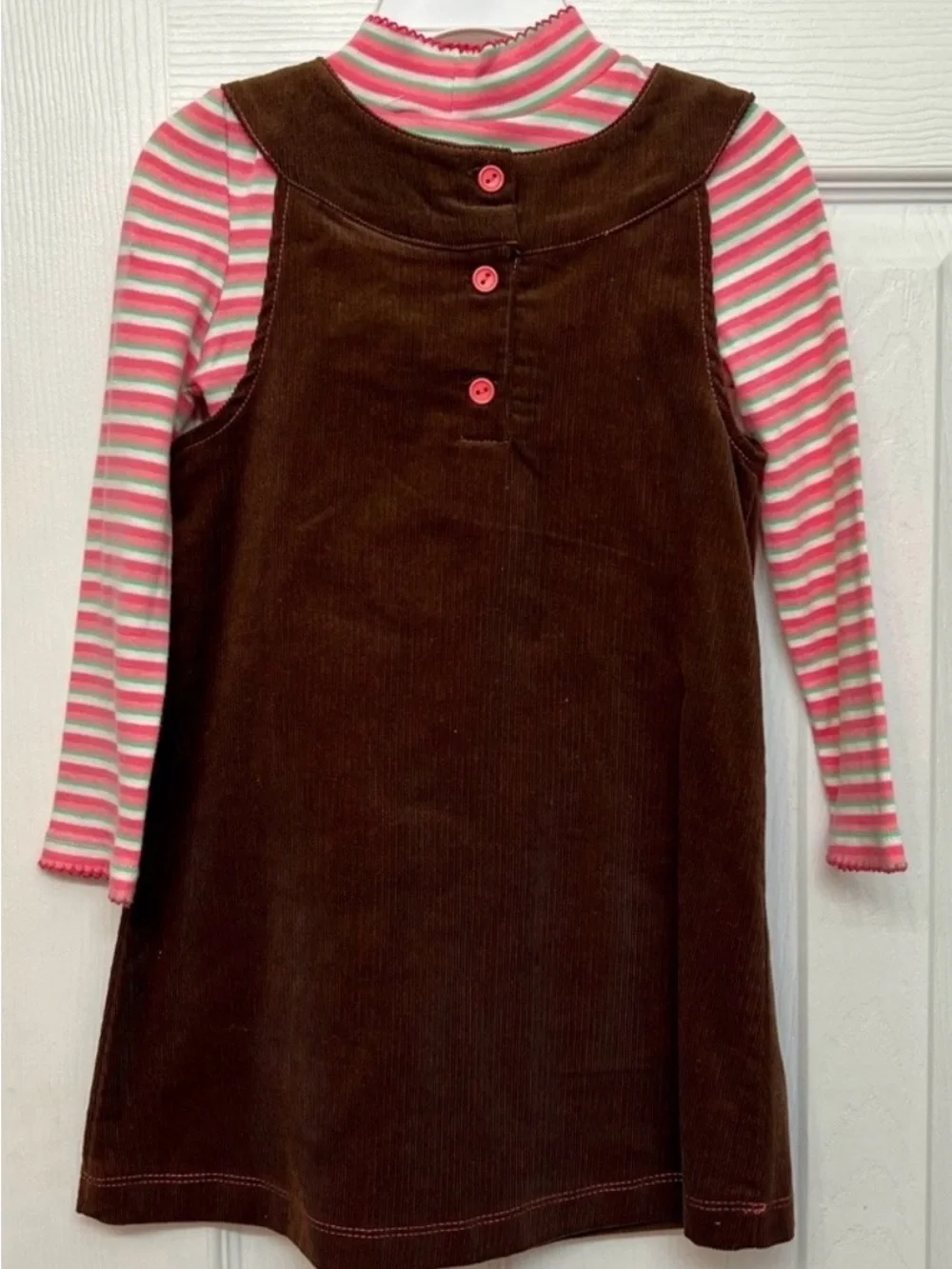 Girl's Fall Brown Corduroy Fox Jumper Dress with Pink Striped Tee